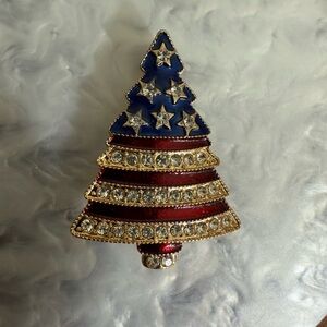 American Flag  Christmas Tree Brooch Patriotic American Blue Red Rhinestone pin